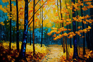 Oil painting of a woodland in the fall colors. Impressionist hand painting. Generative AI