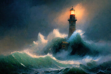 Lighthouse during storm at sea, oil or watercolor painting. Generative AI