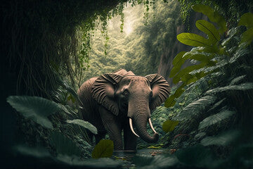 A beautiful elephant is walking in the old forest. Generative AI. Lovely elephant wallpaper.
