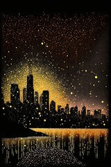 AI-generated illustration in not-quite-pointillist style of a city skyline at night. MidJourney.