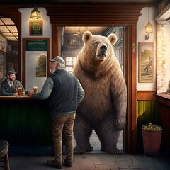 A big bear in a pub in the English countryside. Made with Generative AI.