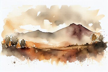 landscape with mountains - watercolor landscape in subtle earth tone colors - Postproducted generative AI digital illustration