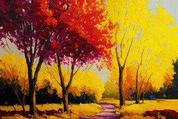 Landscape in oil and acrylic with vibrant yellow and red trees. Impressionist outdoor scene painted by hand. Generative AI