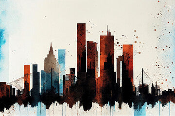 City skyline in watercolor, blue and orange, generative AI