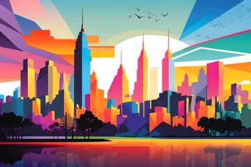colorful illustration urban skyline scenery in pop art style made with Generative AI