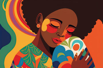 a black woman hugging her-self, and smiling, colorful illustration, clean lines, vector,color background, folk art, sticker margins, Generative AI