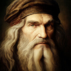 Leonardo da Vinci close up portrait as made by a Renaissance painter, content made with generative AI not based on real person.