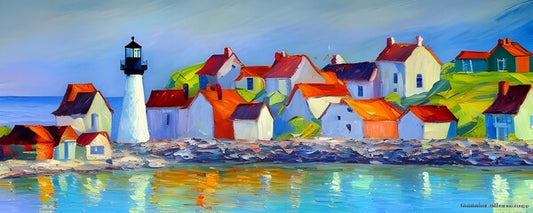 Houses Near Sea With Lighthouse during Daytime impressionism expressionist style oil painting