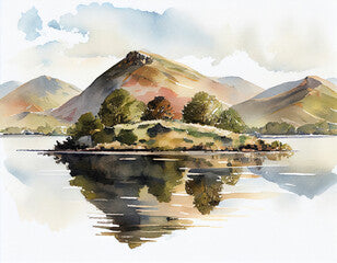 A digital watercolour painting of a mountain scene in the Lake District, England