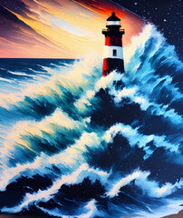 Lighthouse on the Coast, Oil Paint, Generative AI Illustration