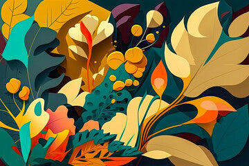 vintage retro abstract oil painting vector illustration of spring and summer flowers with grass, leaves, foliage and colorful blossoms, floral art decor texture/pattern (generative ai)