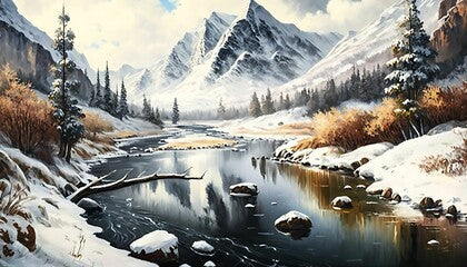 Oil painting a mountain and snowfall with Generative AI Technology.