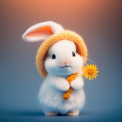 A white fluffy rabbit with long ears in a yellow hat holds a daisy flower. Generative AI, generative artificial intelligence