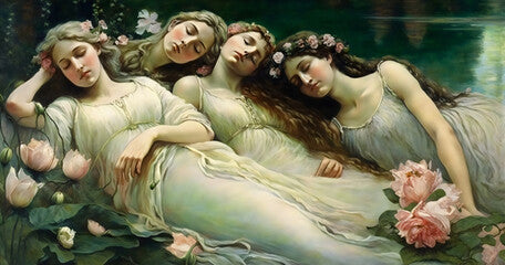 renaissance style oil painting of beautiful nymphs sleeping next to a river, made with generative ai