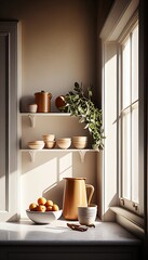 Kitchen: window, still life, shelves, bowls, carafe, plant, deco, interior, light, fruit bowl, empty, blank, nobody, no people, photorealistic, illustration, Gen. AI