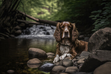A Dog sitting next to a river made with generative ai