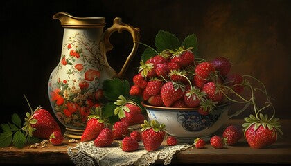 beautiful still life with strawberries in the evening lighting stylized as oil painting, generative AI