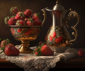 beautiful still life with strawberries in the evening lighting stylized as oil painting, generative AI