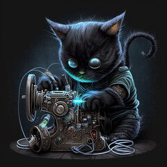 3D black kitten scientist with technology on a black background