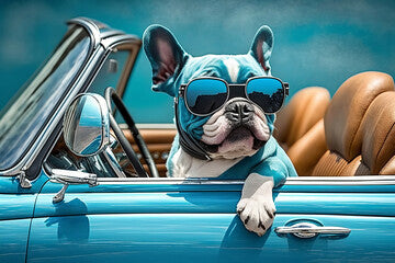 Cute dog wearing sunglasses driving a blue car, generative AI