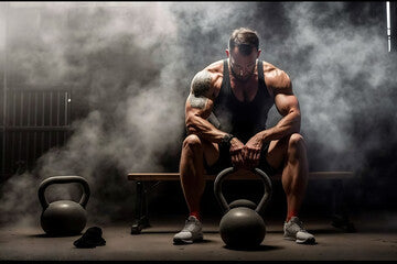 Artistic View of Muscular Man with Kettlebells in Studio