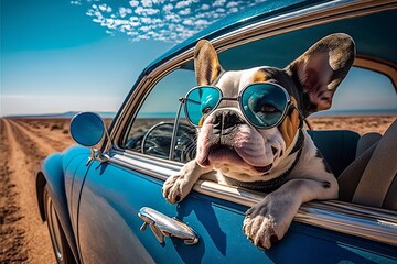 cute dog wearing sunglasses sitting in the back of a blue car, generative ai