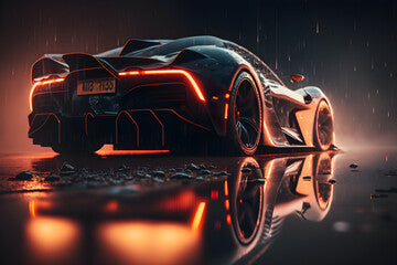 sleek futuristic luxury car, shiny reflective metal surfaces covered in raindrops, dystopian cyberpunk city background, soft diffused glowing neon lighting, mist, fog, crepuscular rays