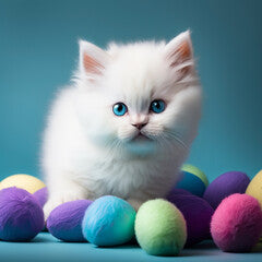 a white fluffy cat with blue eyes and colorful Easter eggs on a blue background. Generative AI, generative artificial intelligence