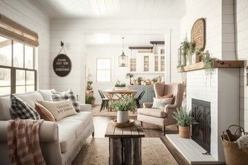 A farmhouse living room with a brick fireplace - Generative AI