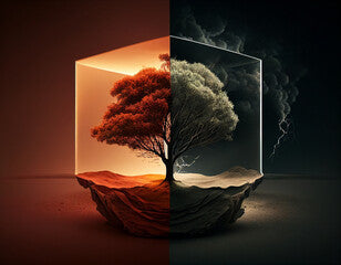 A tree inside a cube divided into two realities