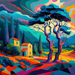 The Farmhouse with Olive trees in Van Gogh's Style landscape, neo cubism art, surrealism illustration - AI Generative