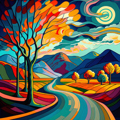 The Country Road in Cubism, Van Gogh's style, landscape neo cubism art, surrealism illustration - AI Generative