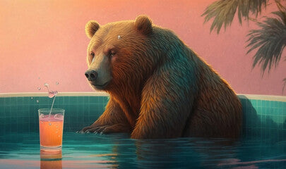 A bear sits in a pool and drinks juice. Ai
