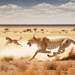 A cheetah in pursuit of prey across African savannah. AI