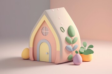 A 3D illustration of a house, pastel colors – Created with generative AI technology