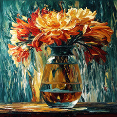 Still life abstract impasto oil painting of a bouquet of orange flowers in a crystal vase, generative art