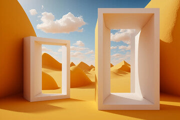 3d render, Surreal desert landscape with white clouds going into the yellow square portals on sunny day. Modern minimal abstract background . Generative AI.