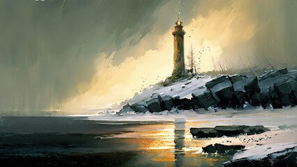 paint like illustration of lighthouse on sea coast, Generative Ai