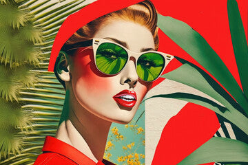 60s fashion woman wearing sunglasses. Pin up girl with palm trees. Generative AI