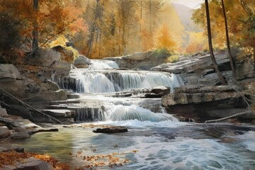 Cascading waterfalls in the watercolor painting looked like they were frozen in time