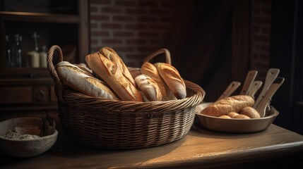 A basket of French baquette on a table - atmospheric rustic scene