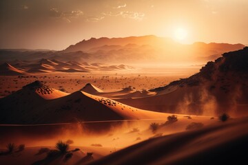 A sweeping desert landscape with towering sand dune