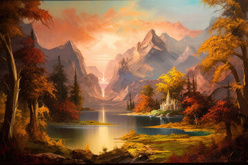 Mountain-encircled lake in serene oil painting. (Generative AI)