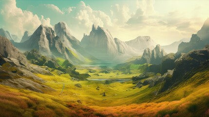 Mystic Mountain Landscape: A Magical, Dream-Like Panorama with Ancient Realism and Creative Surrealism: Generative AI