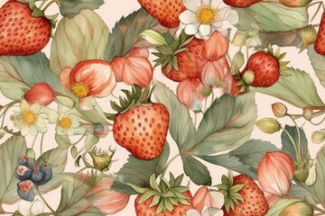 colorful still life with strawberries and flowers on a white background created with Generative AI technology