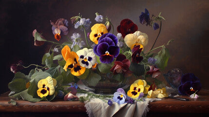 Still life with pansies, a bouquet of flowers Generative AI
