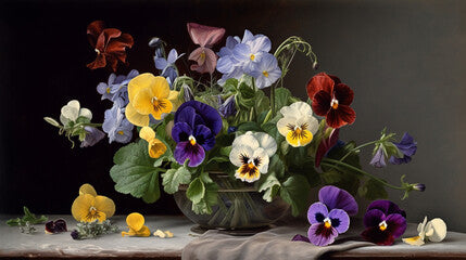 Still life with pansies, a bouquet of flowers Generative AI