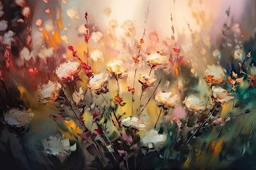 An Elegant Composition of Flowers and Oil in a Blooming Sunset Scene. Generative AI