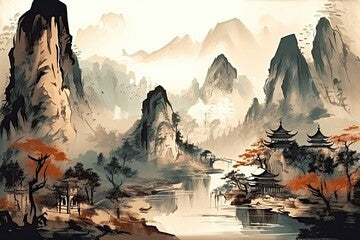Ink-Drawn Landscape: Chinese-Style Mountains Adorning a Traditional Art Background: Generative AI