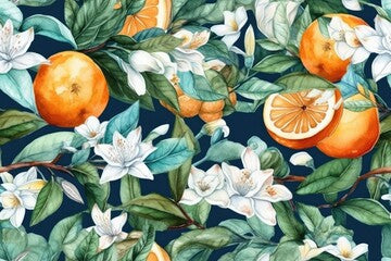 still life painting featuring oranges and flowers against a blue backdrop. Generative AI
